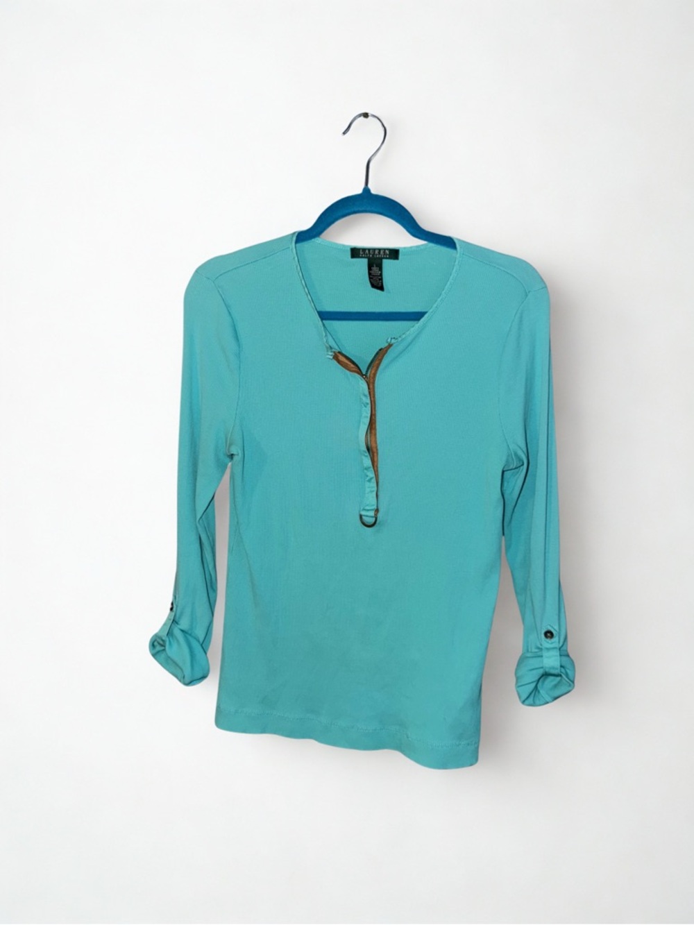 Ralph Lauren Turquoise Henley Sleeve-Tab Top